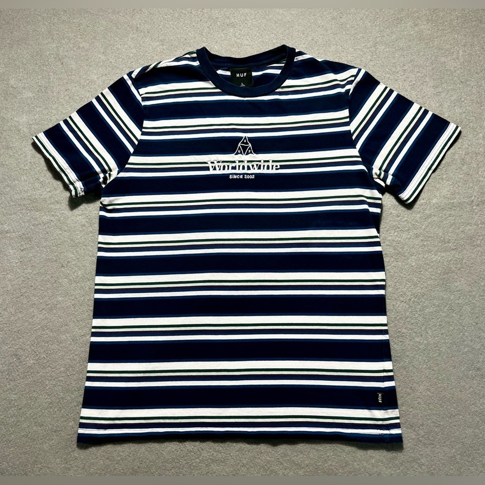 HUF Worldwide Since 2002 Blue White Stripe T-Shirt Men’s Large Skate Cotton Tee